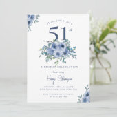Invitation Aquarelle Bleu Dusty Floral 51e Anniversaire Chic (Debout devant)