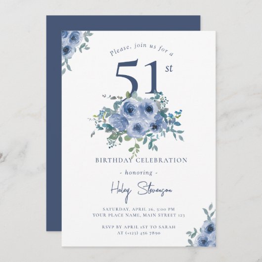 Invitation Aquarelle Bleu Dusty Floral 51e Anniversaire Chic (Devant / Derrière)