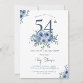 Invitation Aquarelle Bleu Dusty Floral 54e Anniversaire Chic (Devant)