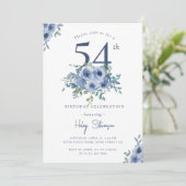 Invitation Aquarelle Bleu Dusty Floral 54e Anniversaire Chic (Debout devant)