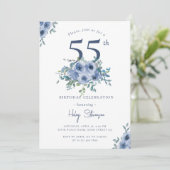 Invitation Aquarelle Bleu Dusty Floral 55e Anniversaire Chic (Debout devant)