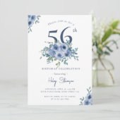 Invitation Aquarelle Bleu Dusty Floral 56e Anniversaire Chic (Debout devant)