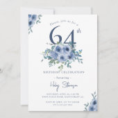 Invitation Aquarelle Bleu Dusty Floral 64e Anniversaire Chic (Devant)