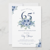 Invitation Aquarelle Bleu Dusty Floral 65e Anniversaire Chic (Devant)