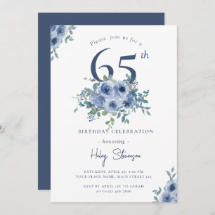 Invitation Aquarelle Bleu Dusty Floral 65e Anniversaire Chic