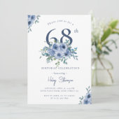 Invitation Aquarelle Bleu Dusty Floral 68e Anniversaire Chic (Debout devant)