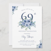 Invitation Aquarelle Bleu Dusty Floral 69e Anniversaire Chic (Devant)