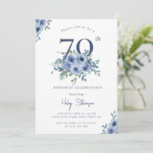 Invitation Aquarelle Bleu Dusty Floral 70e Anniversaire Chic (Debout devant)