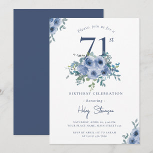 Invitation Aquarelle Bleu Dusty Floral 71e Anniversaire Chic