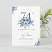 Invitation Aquarelle Bleu Dusty Floral 74e Anniversaire Chic (Debout devant)