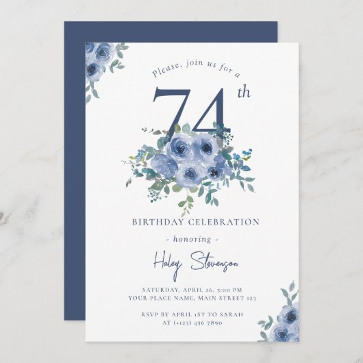 Invitation Aquarelle Bleu Dusty Floral 74e Anniversaire Chic (Devant / Derrière)