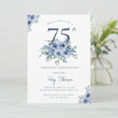 Invitation Aquarelle Bleu Dusty Floral 75e Anniversaire Chic (Debout devant)