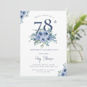 Invitation Aquarelle Bleu Dusty Floral 78e Anniversaire Chic (Debout devant)