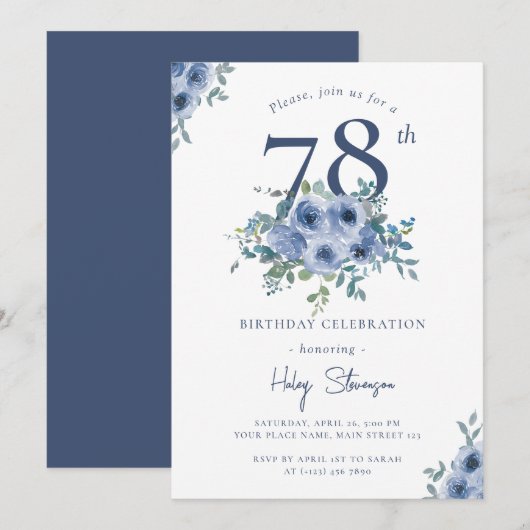 Invitation Aquarelle Bleu Dusty Floral 78e Anniversaire Chic (Devant / Derrière)