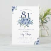 Invitation Aquarelle Bleu Dusty Floral 81e Anniversaire Chic (Debout devant)