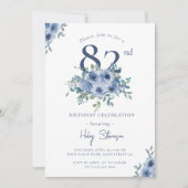 Invitation Aquarelle Bleu Dusty Floral 82e Anniversaire Chic (Devant)