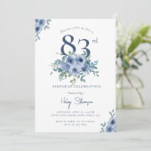 Invitation Aquarelle Bleu Dusty Floral 83e Anniversaire Chic (Debout devant)