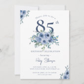 Invitation Aquarelle Bleu Dusty Floral 85e Anniversaire Chic (Devant)