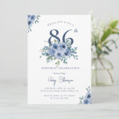 Invitation Aquarelle Bleu Dusty Floral 86e Anniversaire Chic (Debout devant)