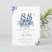 Invitation Aquarelle Bleu Dusty Floral 88e Anniversaire Chic (Debout devant)