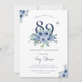 Invitation Aquarelle Bleu Dusty Floral 89e Anniversaire Chic (Devant)