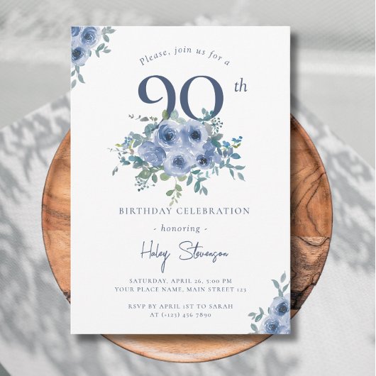 Invitation Aquarelle Bleu Dusty Floral 90e Anniversaire Chic