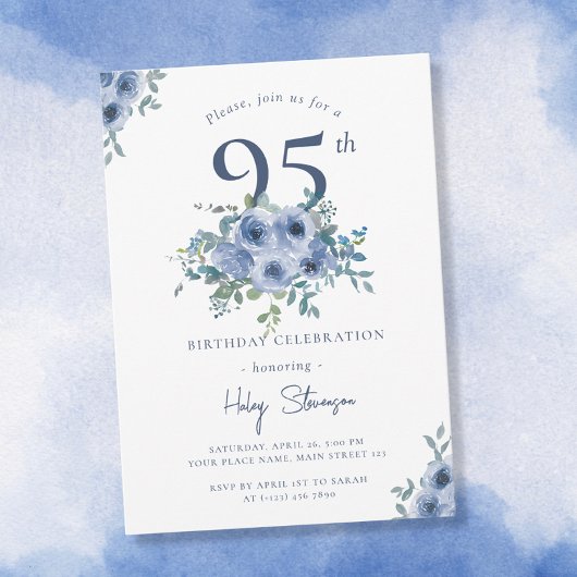 Invitation Aquarelle Bleu Dusty Floral 95e Anniversaire Chic