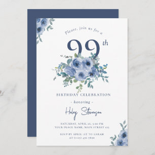Invitation Aquarelle Bleu Dusty Floral 99e Anniversaire Chic