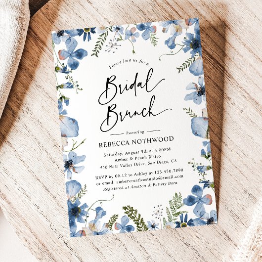 Invitation Aquarelle bleu Dusty Floral Bridal Brunch Douche
