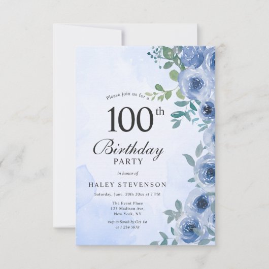 Invitation Aquarelle bleu Dusty Floral Chic 100e anniversaire (Devant)