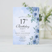 Invitation Aquarelle bleu Dusty Floral Chic 17e anniversaire (Debout devant)