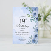 Invitation Aquarelle bleu Dusty Floral Chic 19e anniversaire (Debout devant)