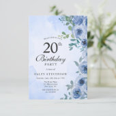 Invitation Aquarelle bleu Dusty Floral Chic 20e anniversaire (Debout devant)