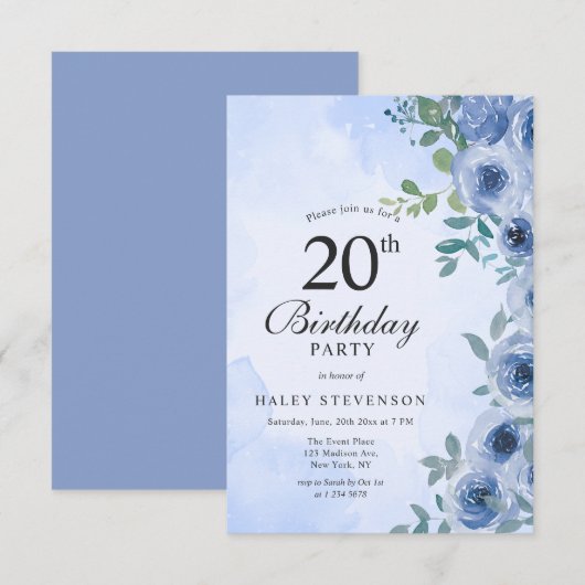 Invitation Aquarelle bleu Dusty Floral Chic 20e anniversaire (Devant / Derrière)