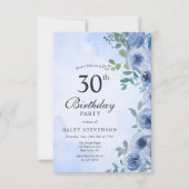 Invitation Aquarelle bleu Dusty Floral Chic 30e anniversaire (Devant)