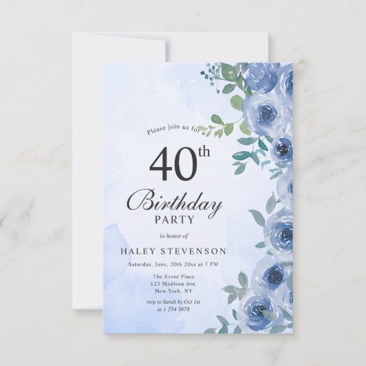 Invitation Aquarelle bleu Dusty Floral Chic 40e anniversaire (Devant)