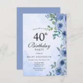 Invitation Aquarelle bleu Dusty Floral Chic 40e anniversaire (Devant / Derrière)