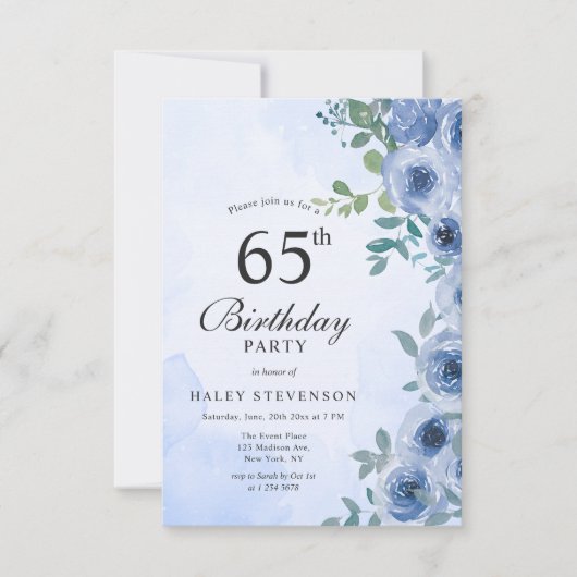 Invitation Aquarelle bleu Dusty Floral Chic 65e Anniversaire (Devant)