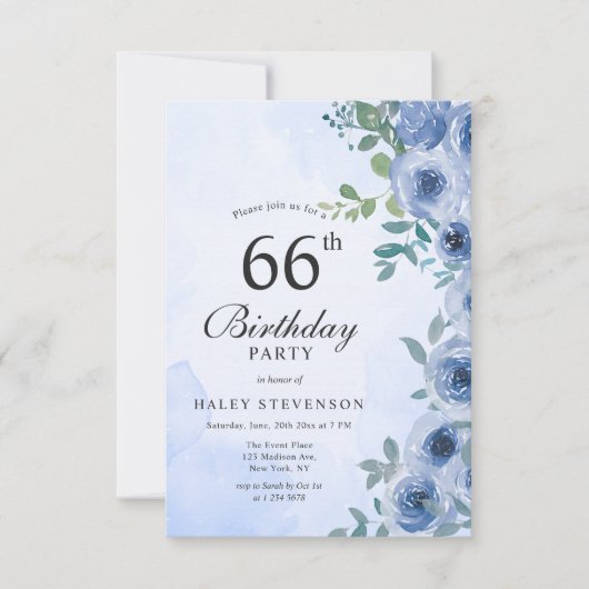 Invitation Aquarelle bleu Dusty Floral Chic 66e Anniversaire  (Devant)