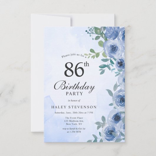 Invitation Aquarelle bleu Dusty Floral Chic 86e anniversaire (Devant)