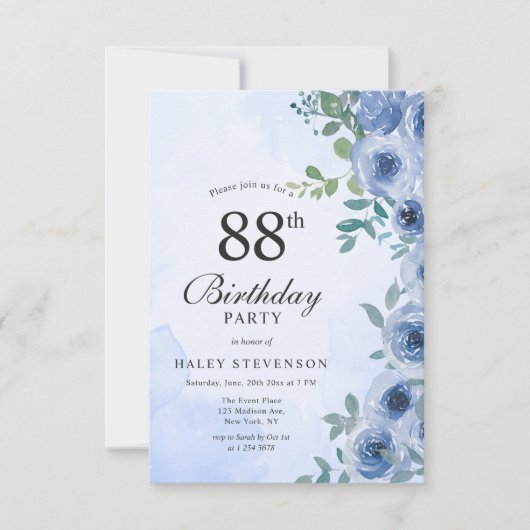 Invitation Aquarelle bleu Dusty Floral Chic 88e anniversaire (Devant)