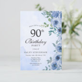 Invitation Aquarelle bleu Dusty Floral Chic 90e anniversaire (Debout devant)