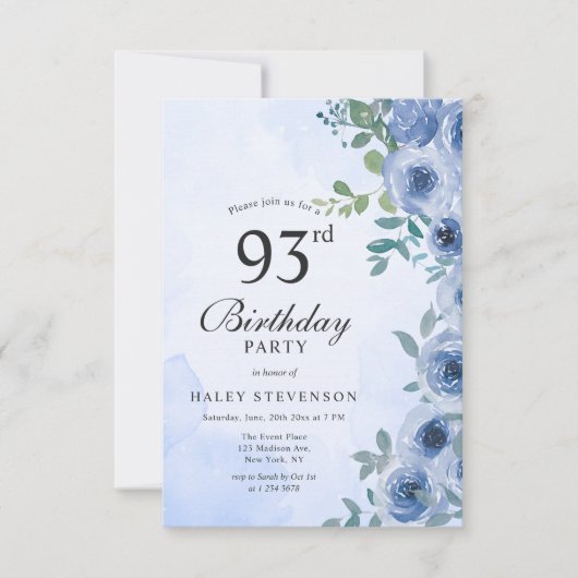 Invitation Aquarelle bleu Dusty Floral Chic 93e anniversaire (Devant)