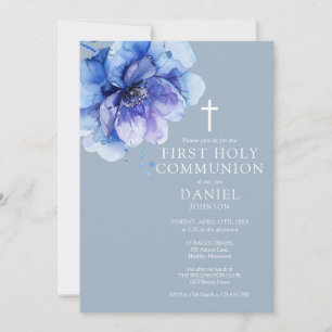 Invitation Aquarelle bleu Dusty Floral First Holy Communion