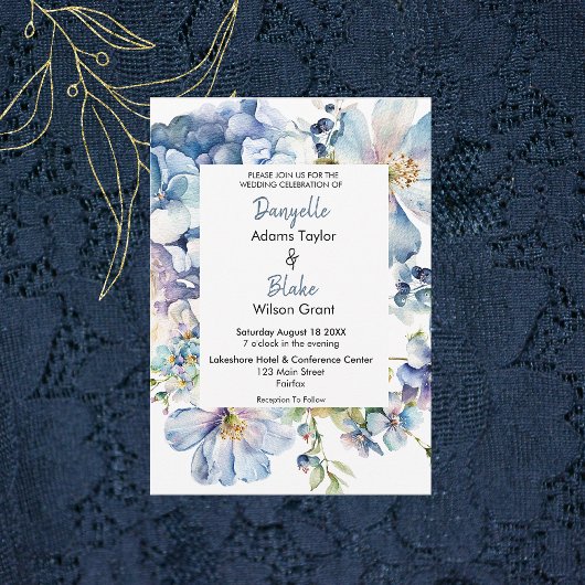 Invitation Aquarelle bleu Dusty Floral Mariage