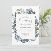 Invitation Aquarelle bleu Dusty Floral Mariage (Debout devant)