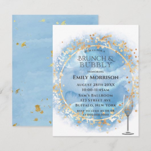 Invitation Aquarelle bleu Dusty Gold Brunch & Bubbly Invitati (Devant / Derrière)