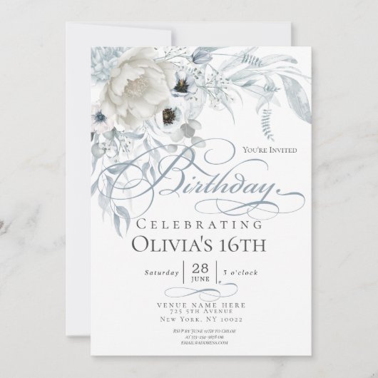 Invitation Aquarelle bleu Dusty Ivoire Peonies Anniversaire (Devant)