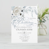 Invitation Aquarelle bleu Dusty Ivoire Peonies Anniversaire (Debout devant)