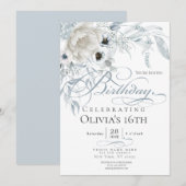 Invitation Aquarelle bleu Dusty Ivoire Peonies Anniversaire (Devant / Derrière)